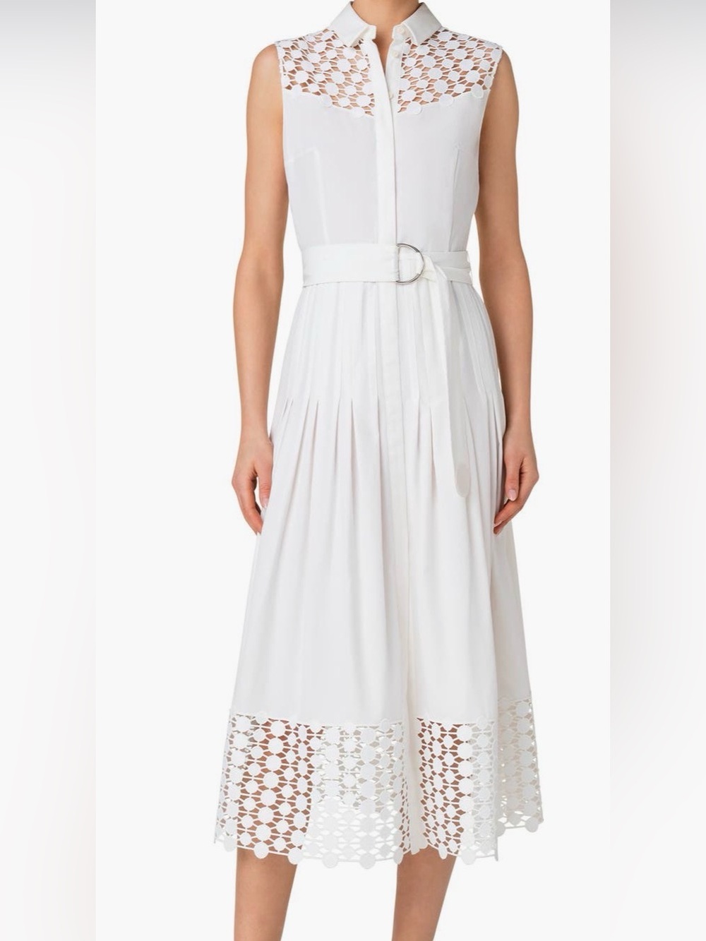 Akris Punto White Sleeveless Midi Dress with Lace Hem